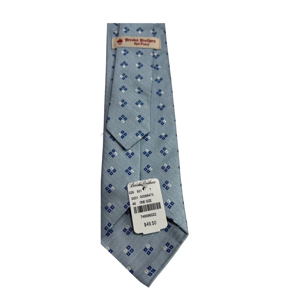Brooks‎ Brothers Tie Men OS Blue Geometric Silk Red Fleece Herringbone USA B48